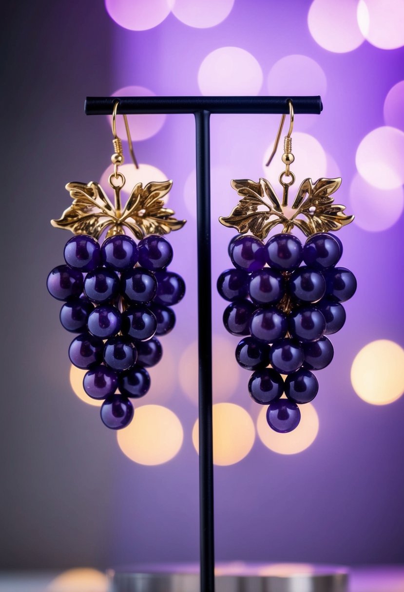 A pair of grape statement earrings hanging from a jewelry stand, with soft purple lighting highlighting their intricate details