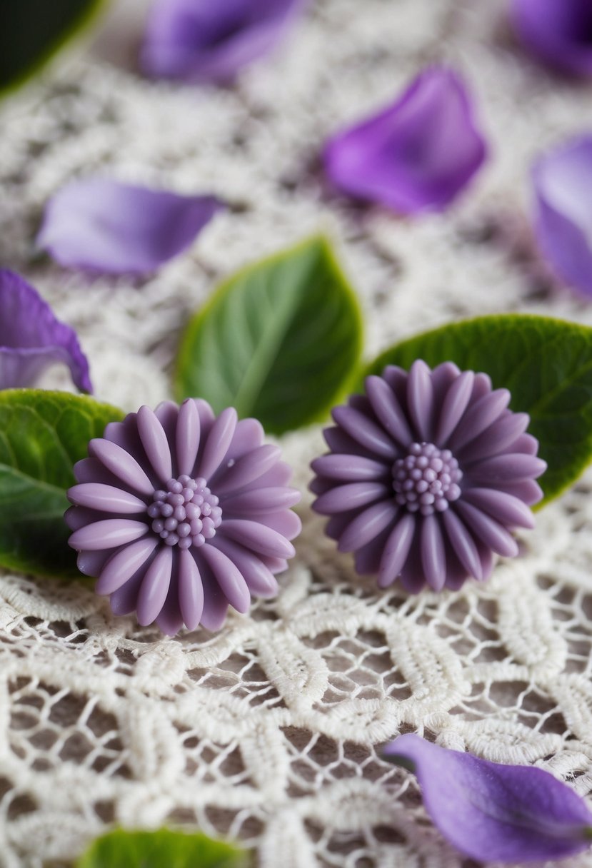 A pair of mauve floral studs resting on a delicate lace fabric, surrounded by scattered purple petals and green leaves