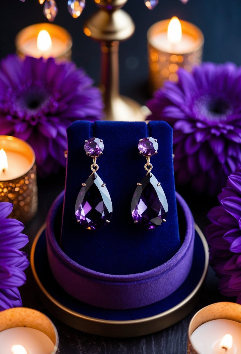 A pair of eggplant crystal drop earrings on a velvet display, surrounded by purple floral arrangements and shimmering candlelight