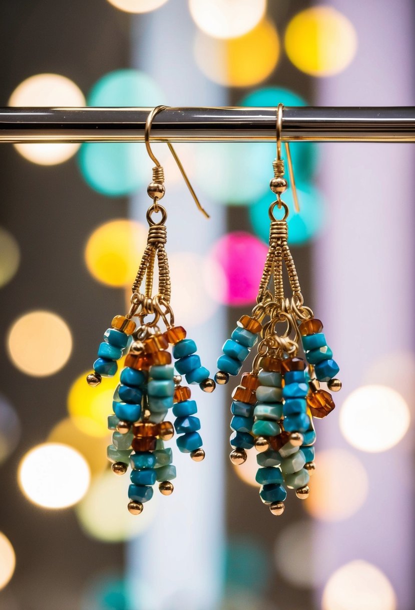 A pair of delicate, handmade beaded cluster earrings dangle from a display, catching the light and casting colorful shadows