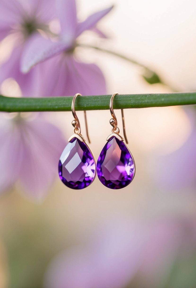 A close-up of delicate purple teardrop earrings against a soft, romantic background