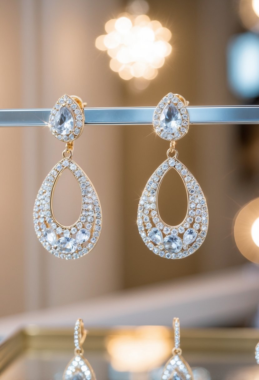 Sparkling rhinestone earrings hang from a luxurious display, catching the light in an elegant setting