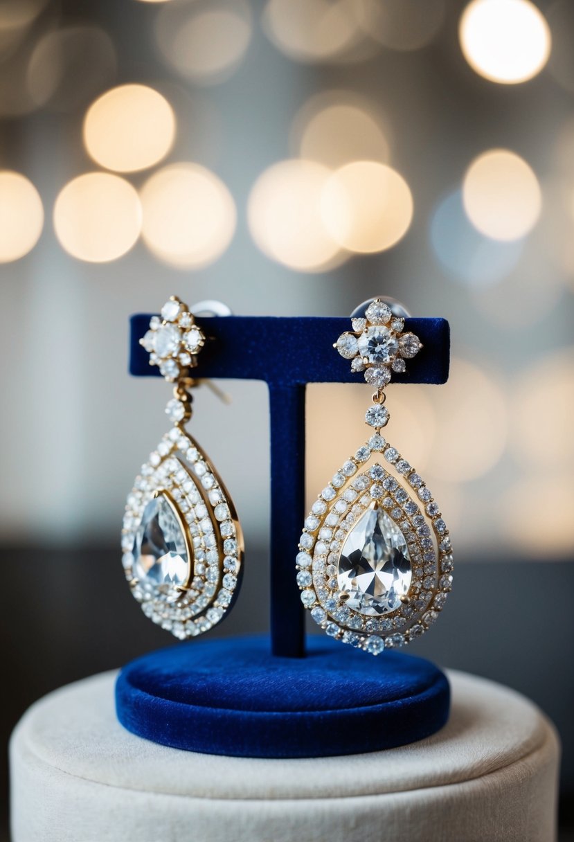 A pair of elegant, oversized earrings with intricate details and sparkling gemstones, displayed on a velvet cushion