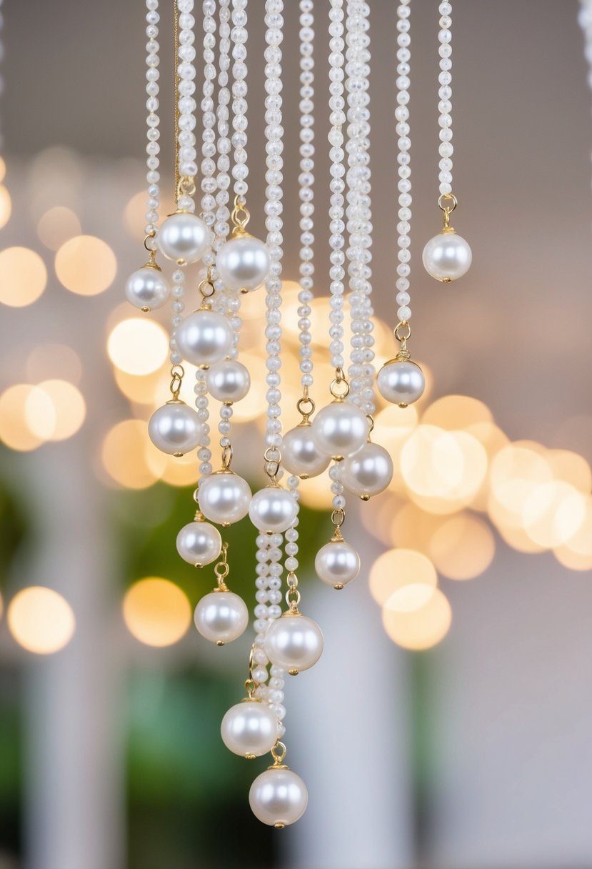 A sparkling cascade of exquisite pearl earrings, shimmering in the soft glow of a wedding setting