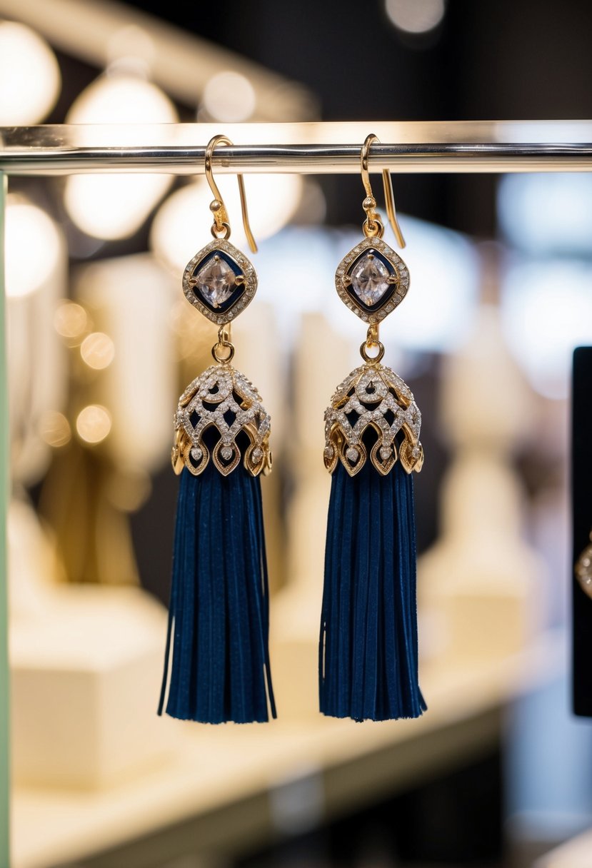 A pair of elegant tassel earrings hanging from a display, catching the light with their luxurious and intricate design