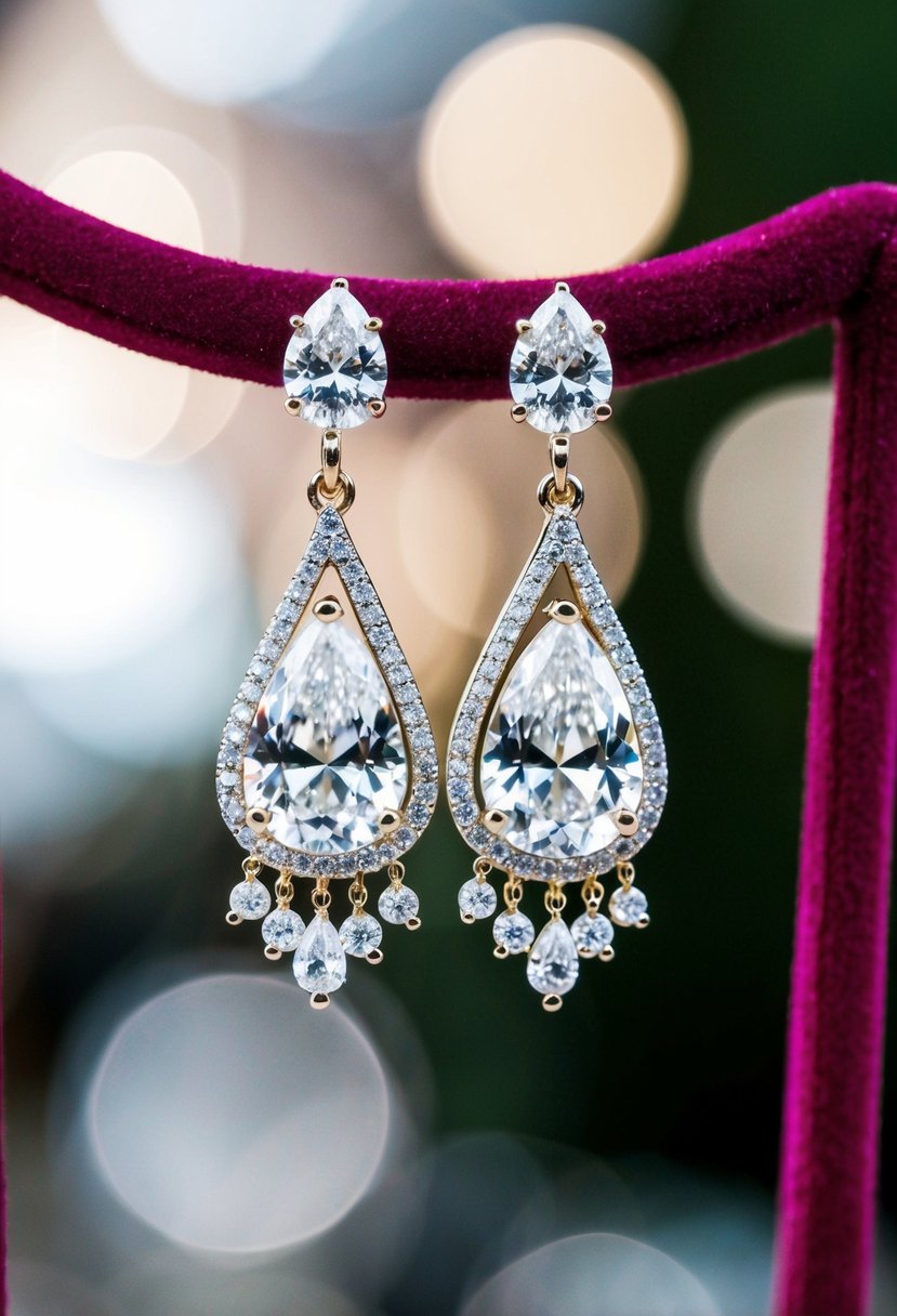 A sparkling pair of diamond drop earrings dangle from a velvet jewelry display, catching the light and exuding glamour