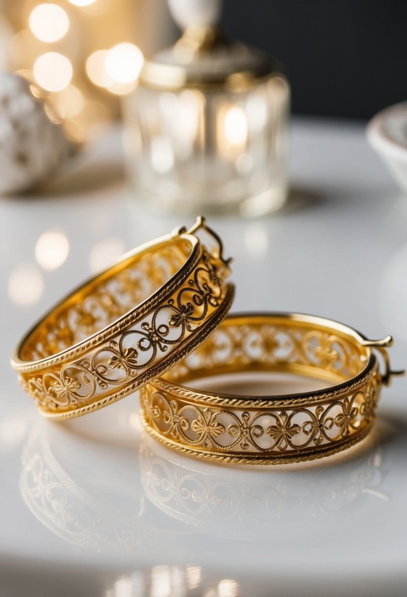 A close-up of vintage gold hoop earrings with intricate filigree details, catching the light in a luxurious and elegant setting