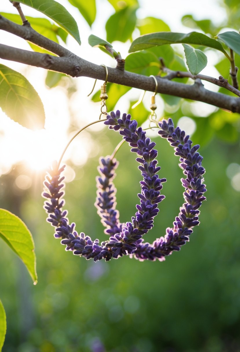 A pair of lavender flower hoops hanging from a tree branch with soft sunlight filtering through the leaves