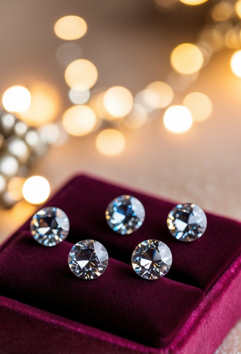 Shimmering Swarovski crystal studs displayed on a velvet cushion under soft, warm lighting