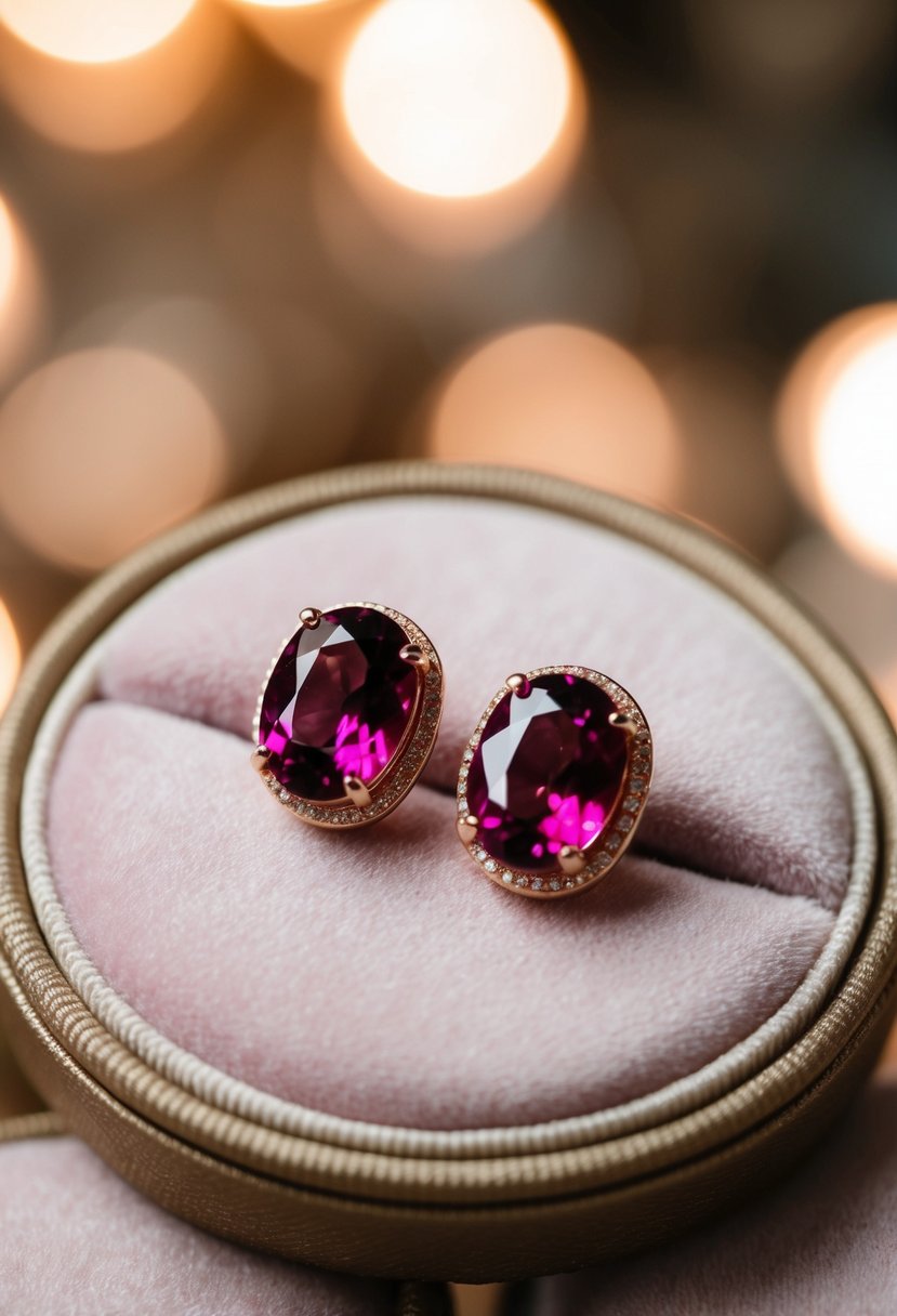 A pair of magenta stone earrings displayed on a velvet cushion with soft lighting