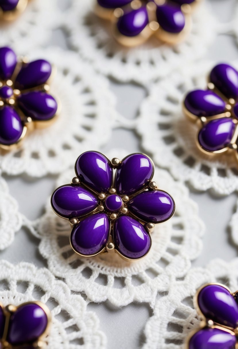 A close-up of purple iris cluster studs against a white lace background