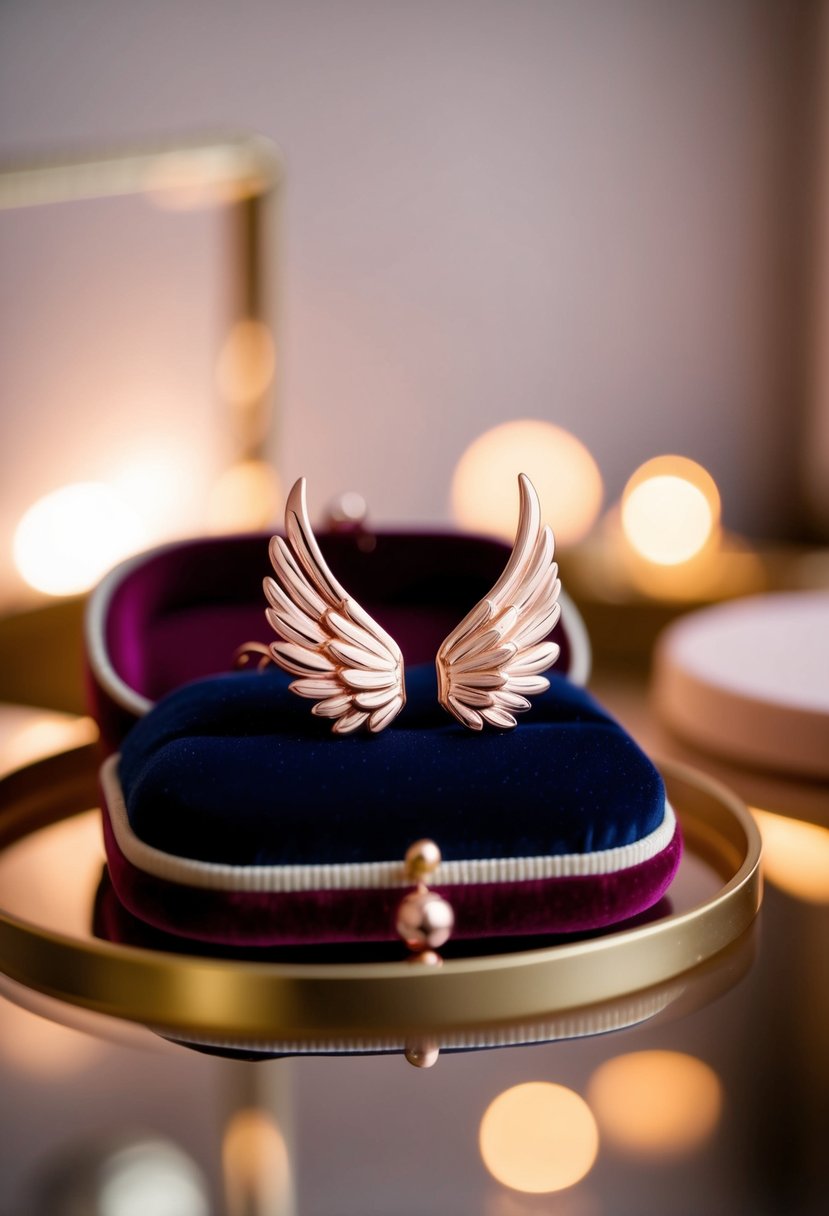 A pair of elegant rose gold winged earrings displayed on a velvet cushion under soft, warm lighting