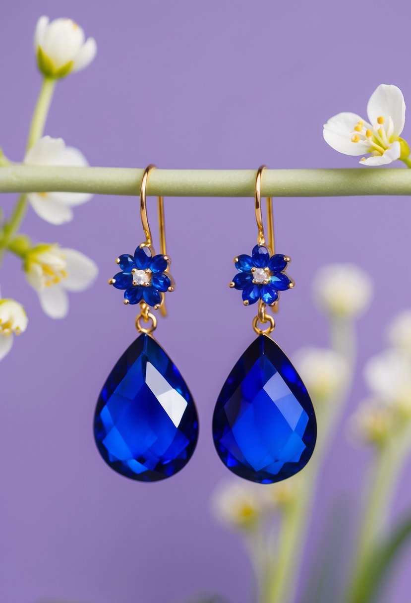 A close-up of indigo drop earrings against a soft purple background, with delicate floral accents