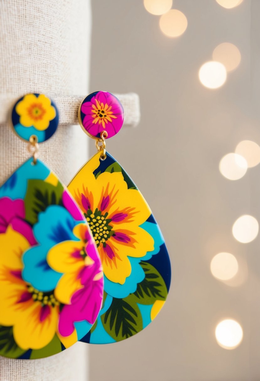 A close-up of vibrant, oversized floral drop earrings against a soft, neutral background