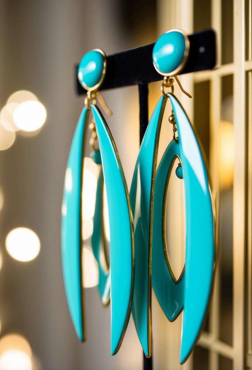 A close-up of bold turquoise statement earrings, hanging from an elegant display, with soft lighting to highlight their intricate details