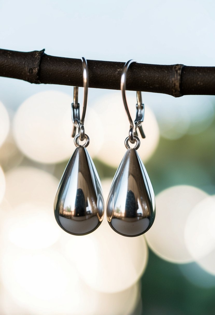 A close-up view of elegant silver teardrop earrings, catching the light and hanging delicately