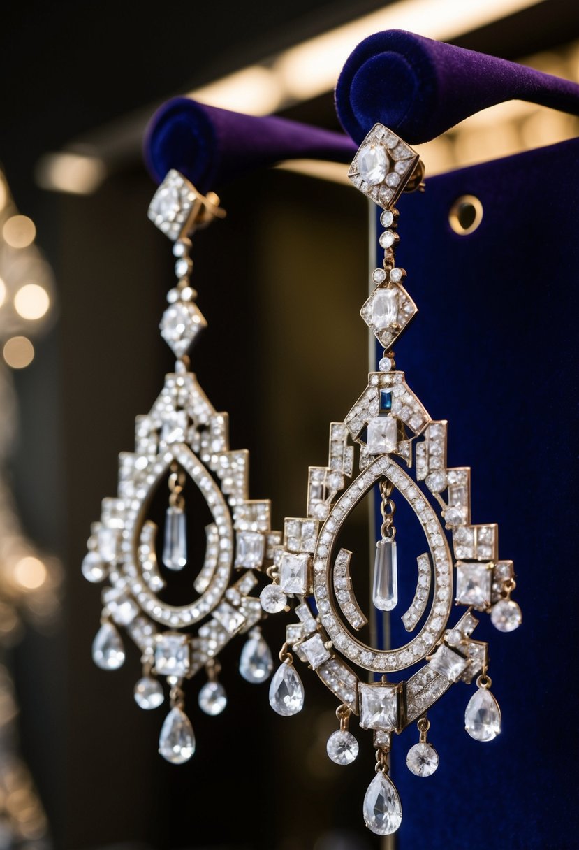 A pair of elaborate Art Deco chandelier earrings dangle from a velvet display, catching the light and sparkling with intricate details