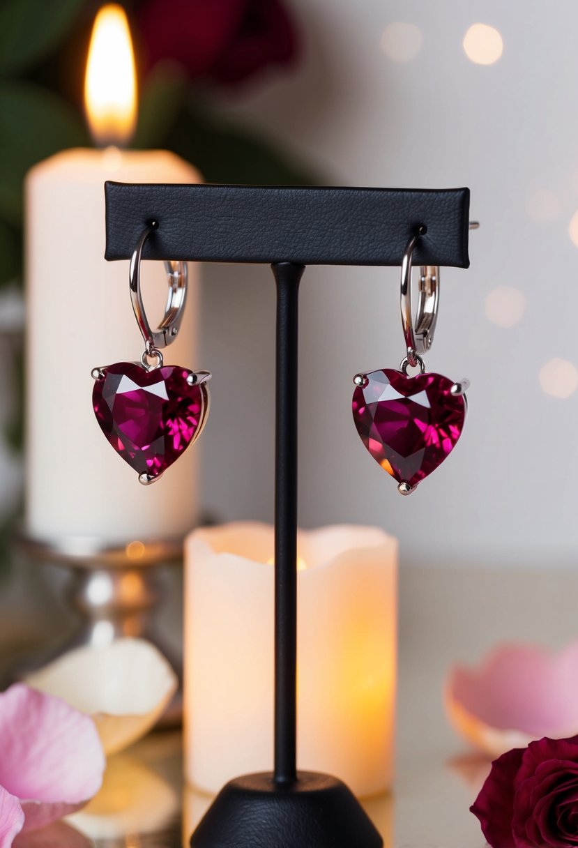 Two heart-shaped ruby earrings dangling from a jewelry stand, surrounded by soft candlelight and rose petals