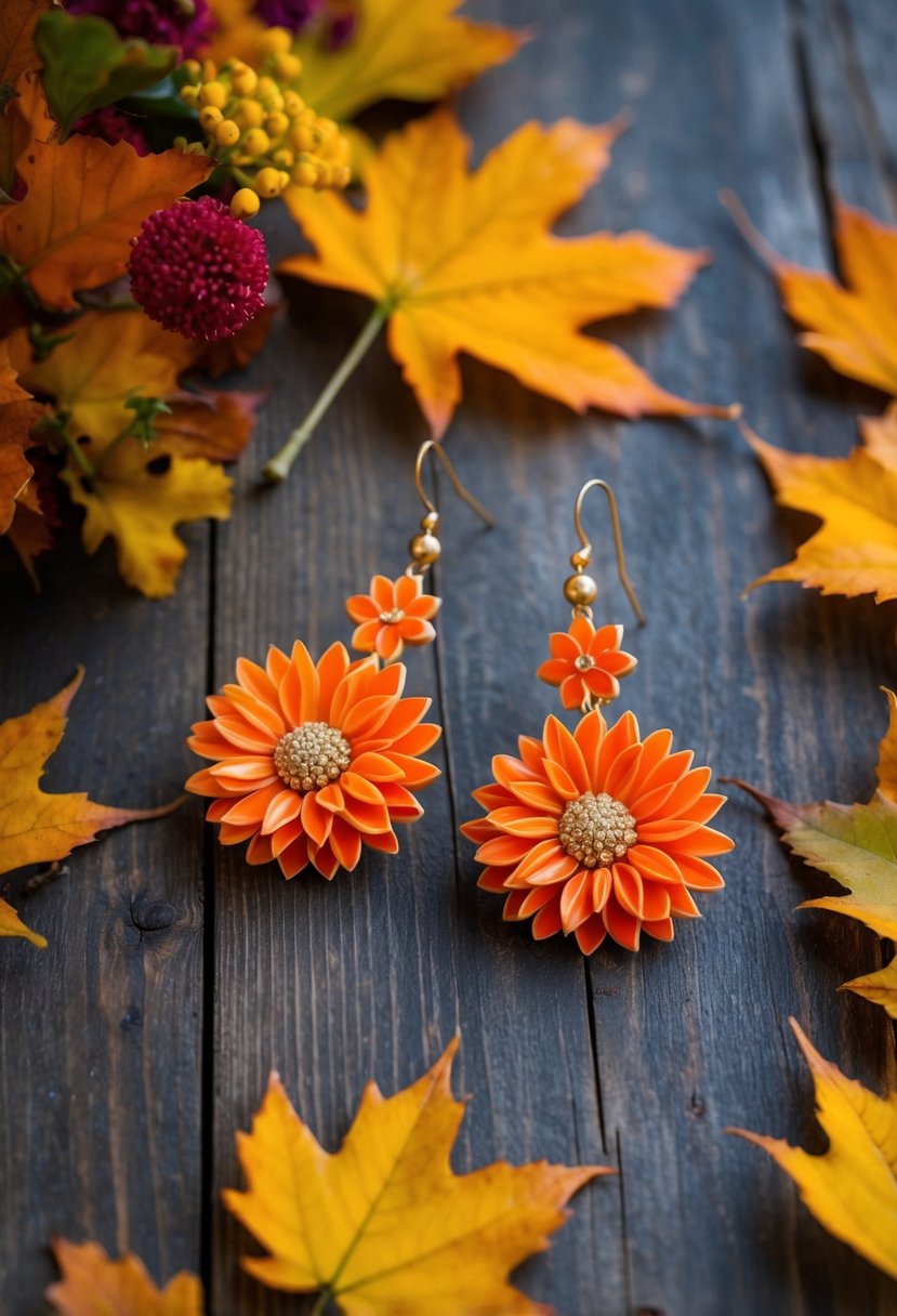 A rustic wooden table adorned with vibrant autumn leaves and flowers, featuring a pair of bohemian-style orange floral dangle earrings