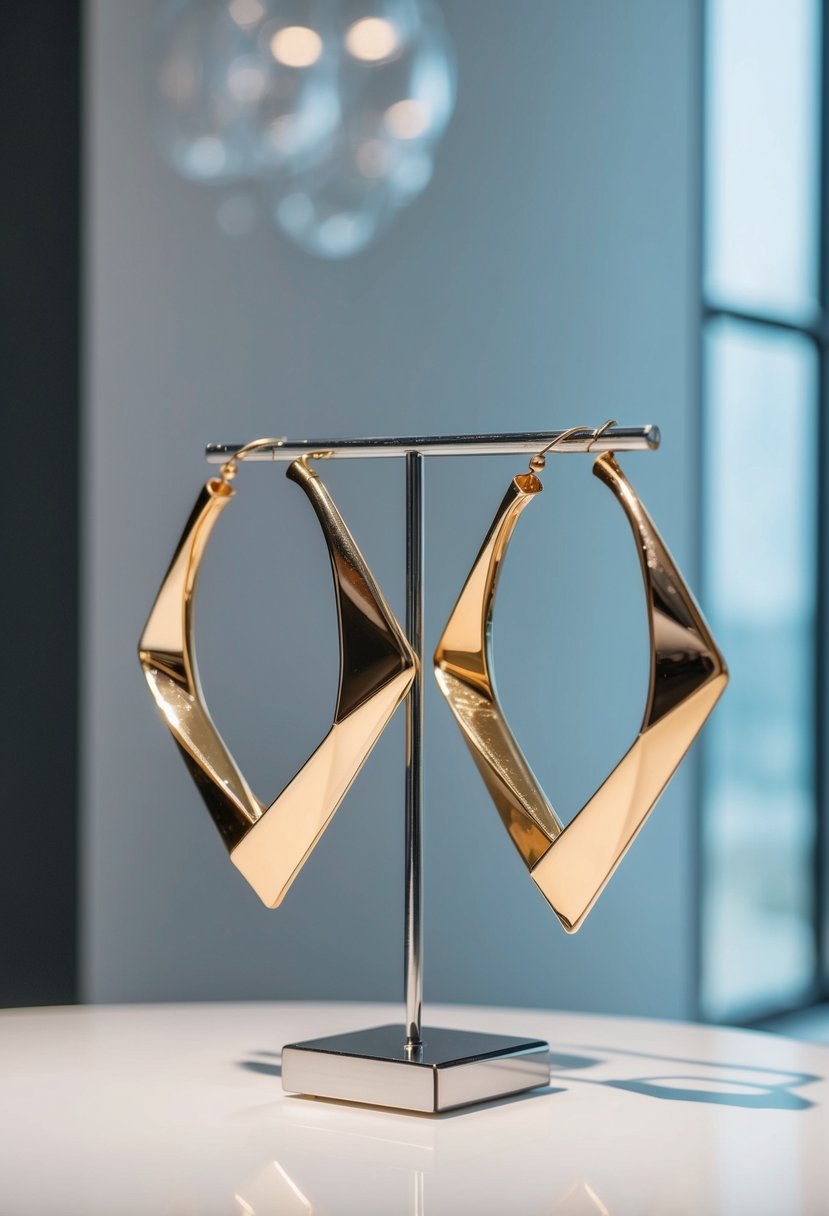 A pair of oversized, contemporary geometric hoop earrings displayed on a clean, modern surface with soft lighting