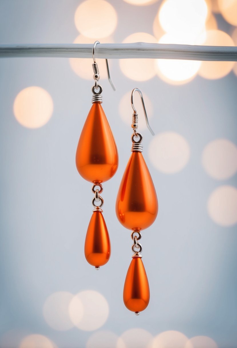 Two cascading orange teardrop earrings hanging against a white background