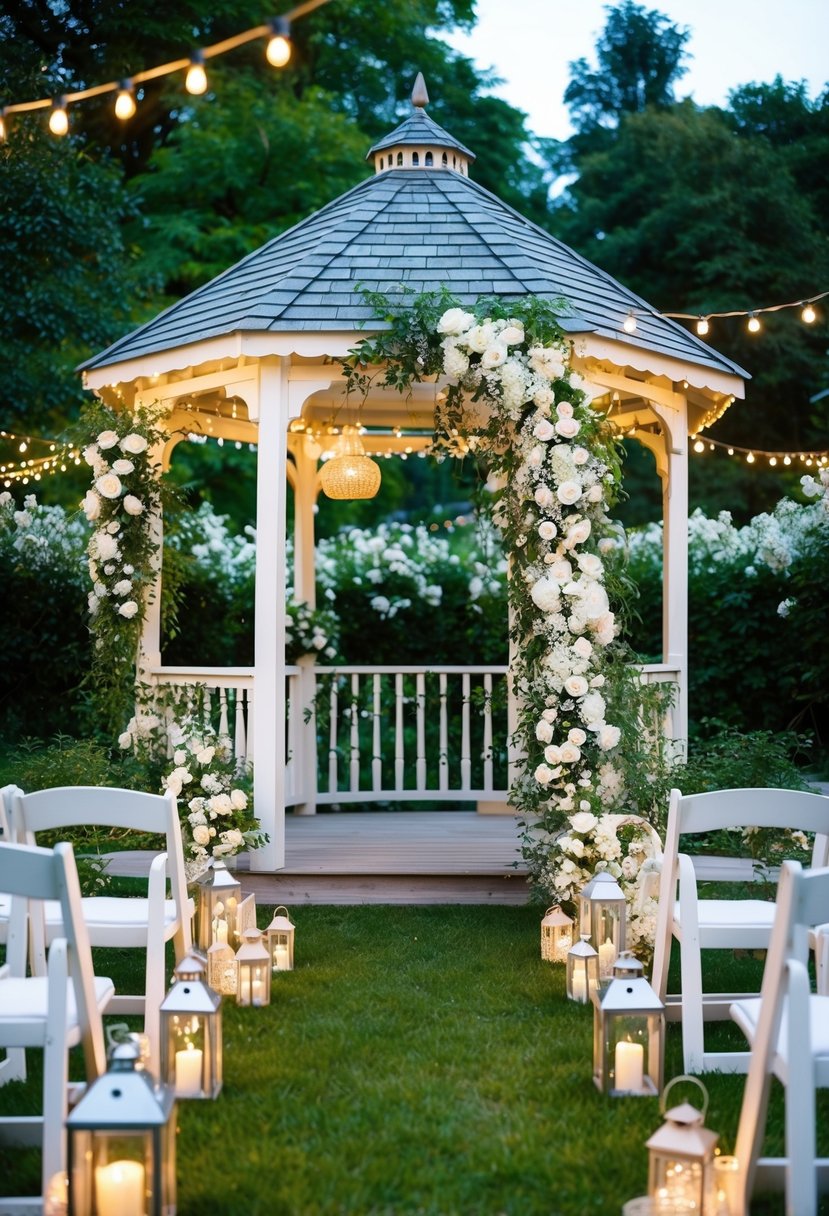 A garden gazebo adorned with white flowers and flowing greenery, surrounded by twinkling fairy lights and lanterns for a romantic summer wedding