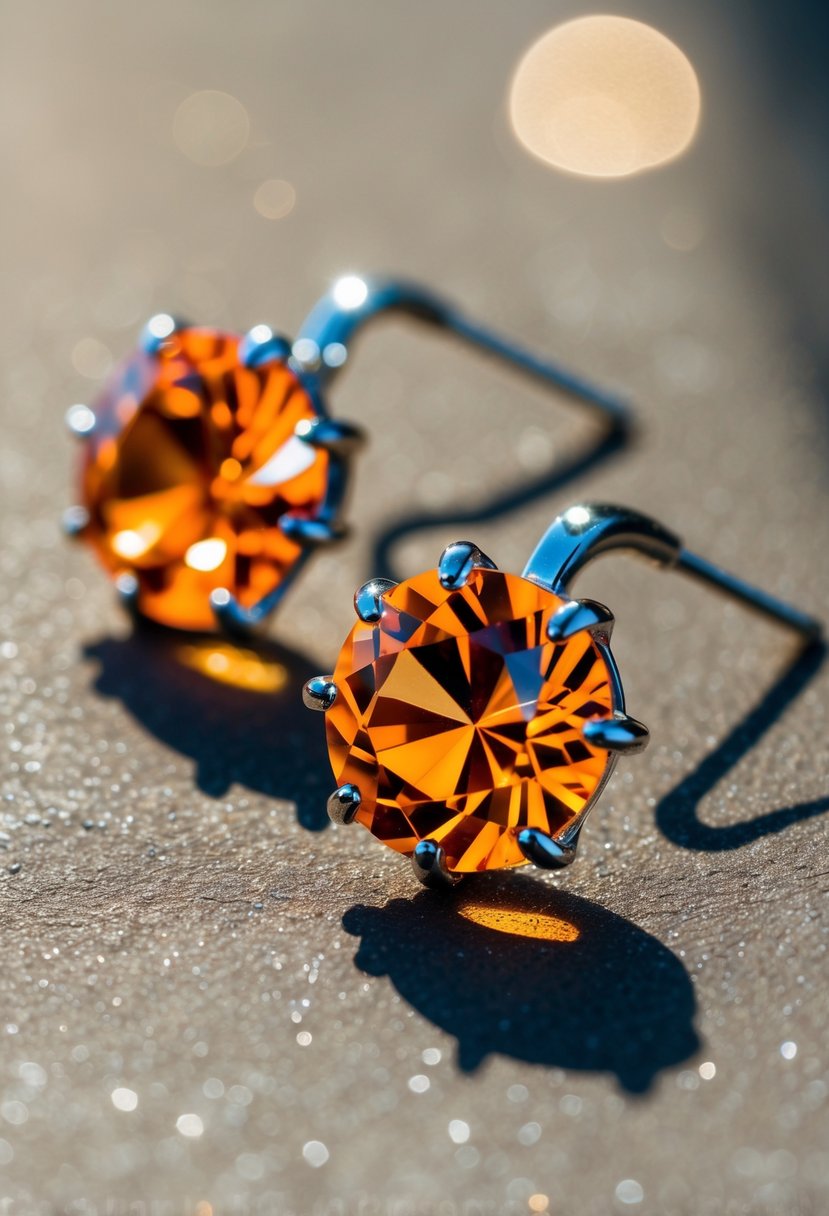 A close-up of tangerine Swarovski crystal long earrings, sparkling in the sunlight