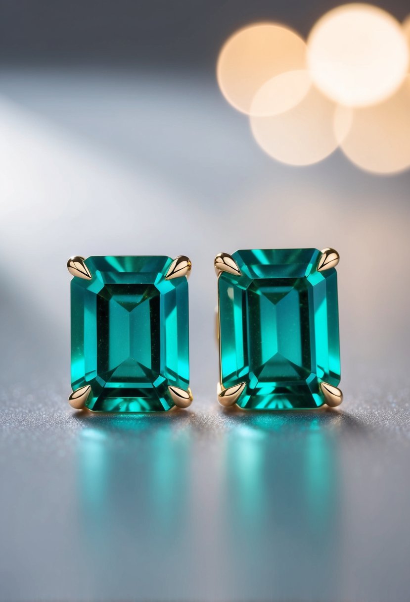 A pair of regal emerald cut earrings gleaming under soft lighting