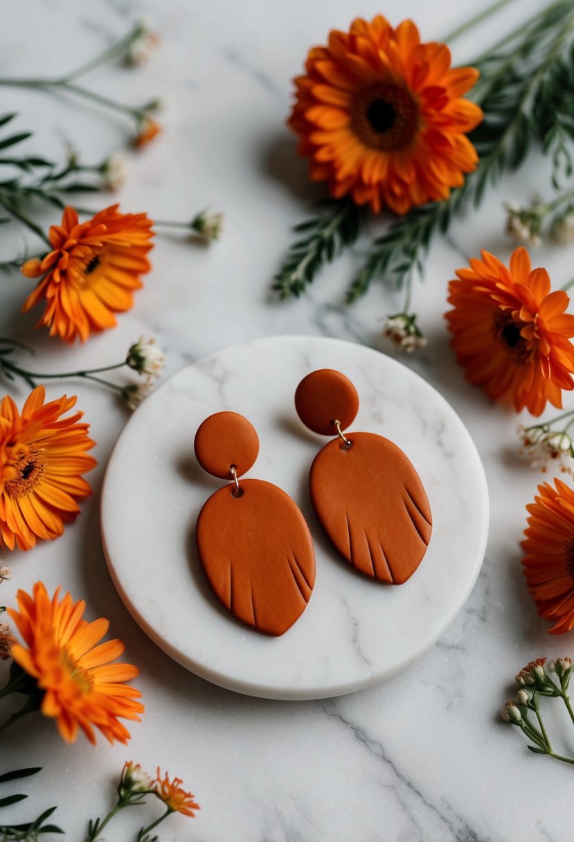 A pair of burnt orange clay earrings displayed on a white marble surface, surrounded by delicate orange flowers and greenery