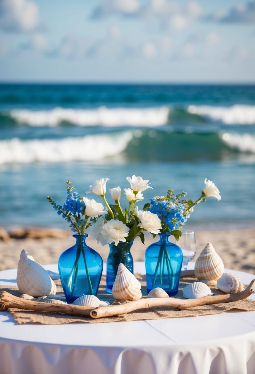 A table adorned with seashells, driftwood, and blue glass vases filled with white and blue flowers, set against a backdrop of ocean waves and a sandy beach