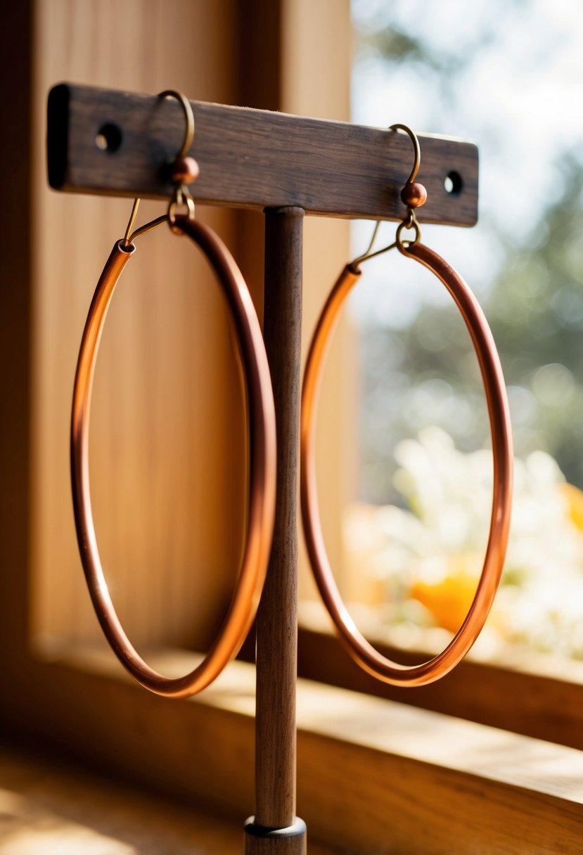 Two rustic copper and orange hoops dangle from a wooden jewelry stand, catching the light in a cozy, sunlit room