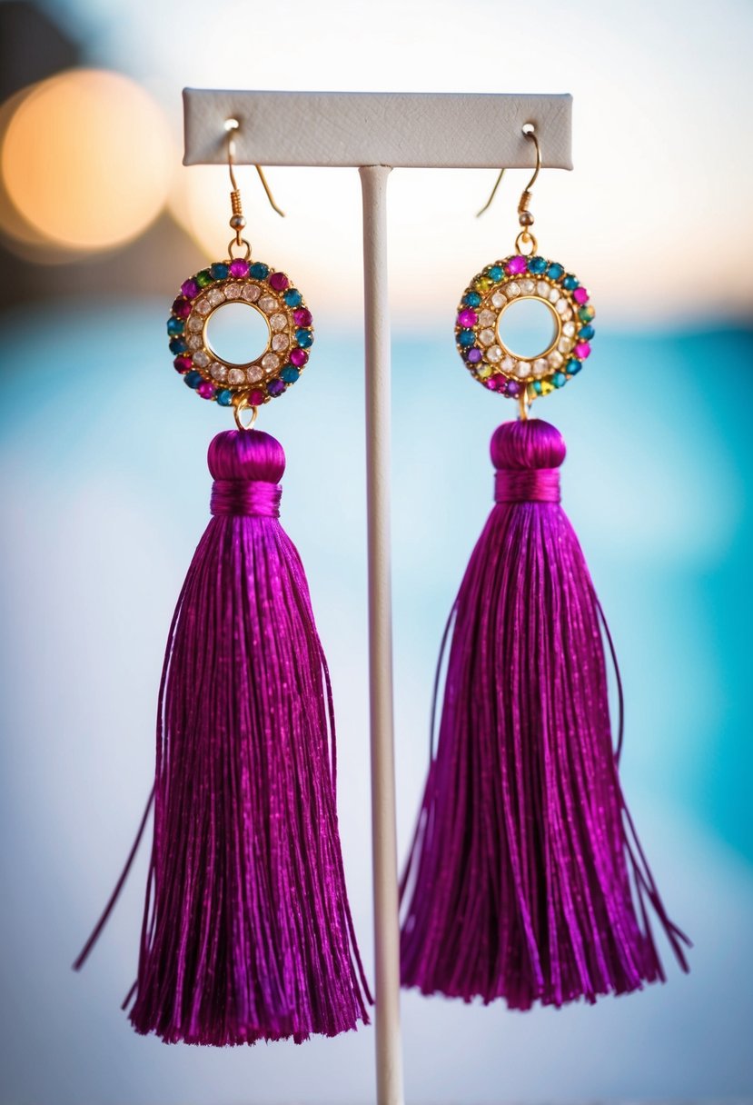 A pair of vibrant, tassel fringe earrings hangs elegantly from a jewelry stand, catching the light and swaying gently in the breeze