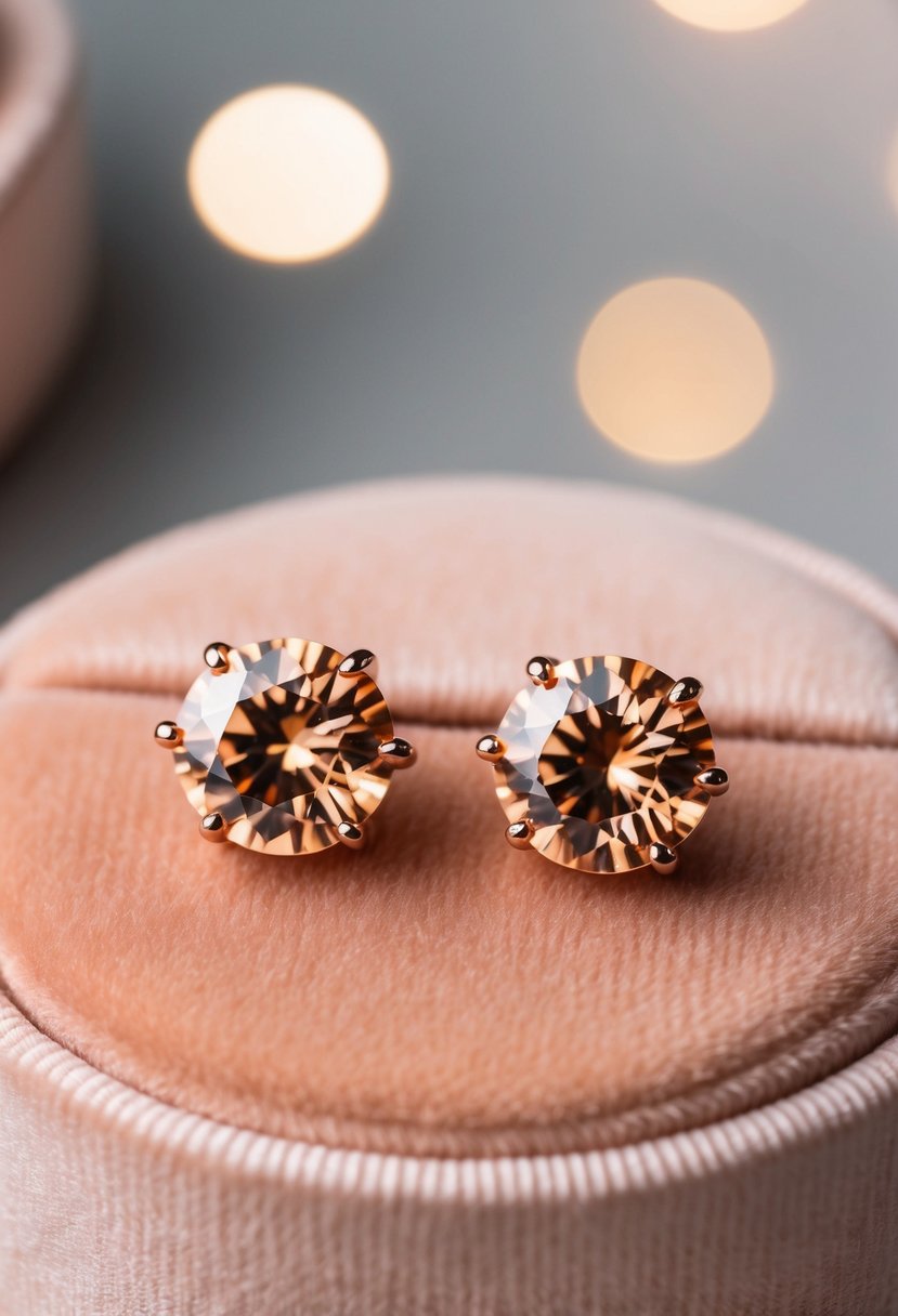 Two peachy orange cubic zirconia studs arranged on a velvet cushion with soft lighting