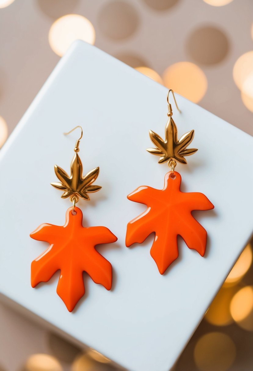 Two bold orange and gold leaf earrings on a clean, white background