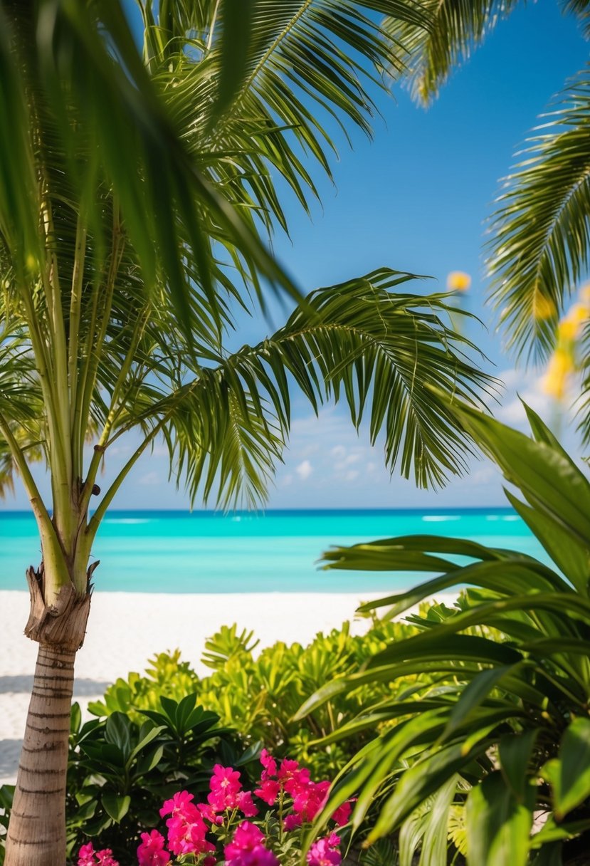 A lush tropical garden with palm leaves and vibrant flowers, set against a backdrop of white sand and turquoise ocean