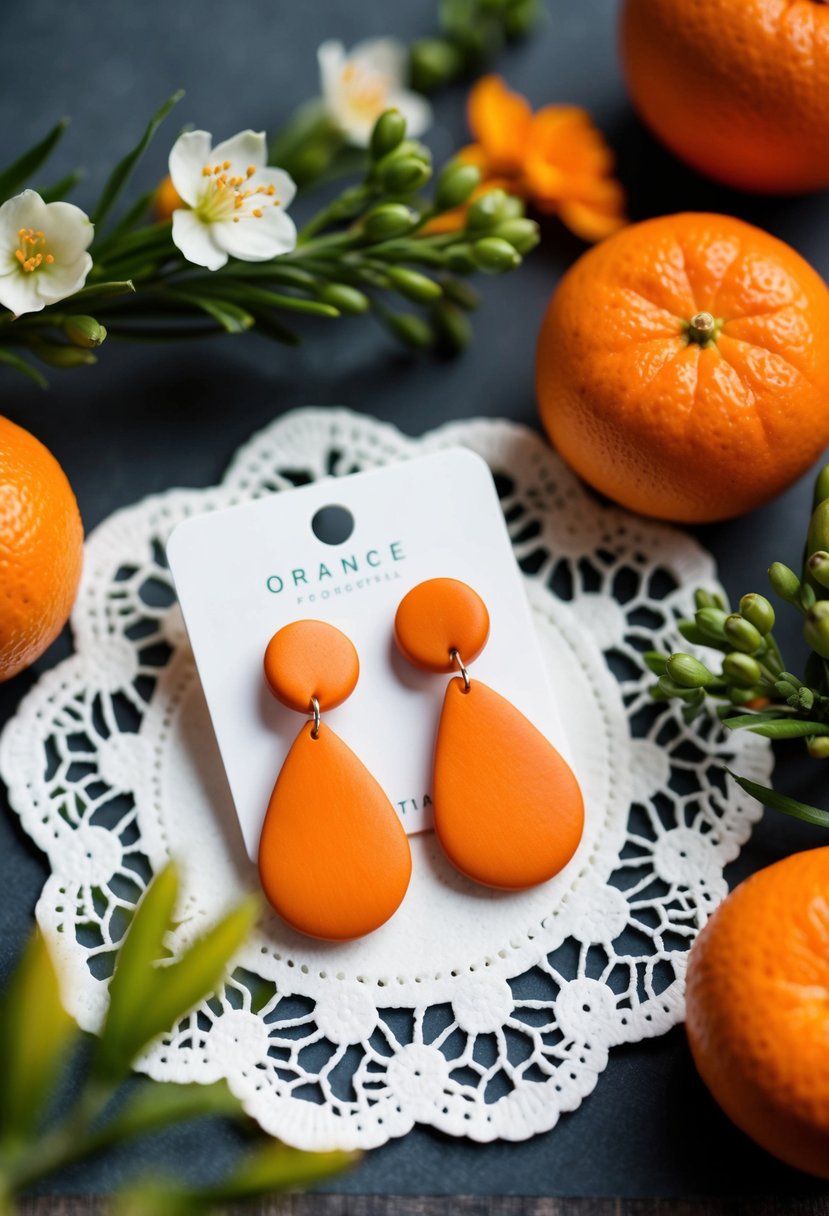 Two delicate clay orange drop earrings displayed on a white lace doily, surrounded by fresh orange blossoms and greenery