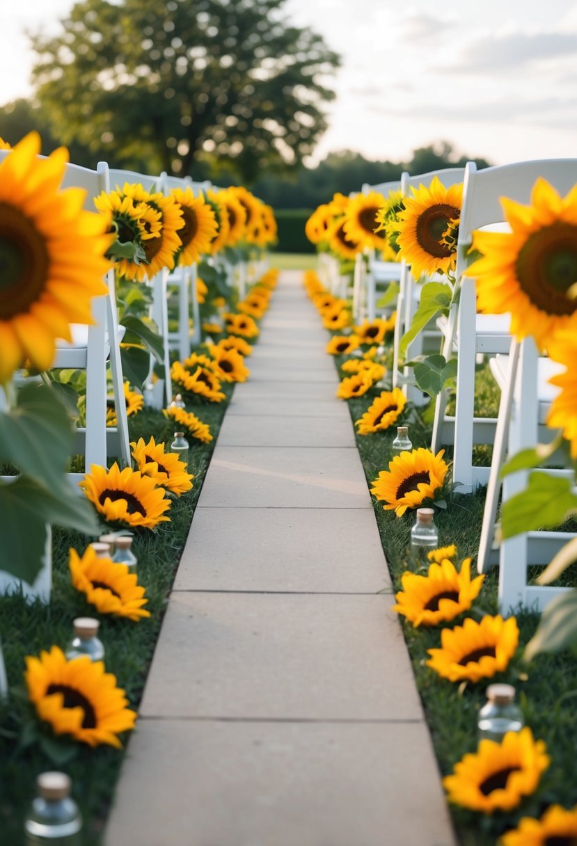 Sunflower aisle markers line a summer wedding path