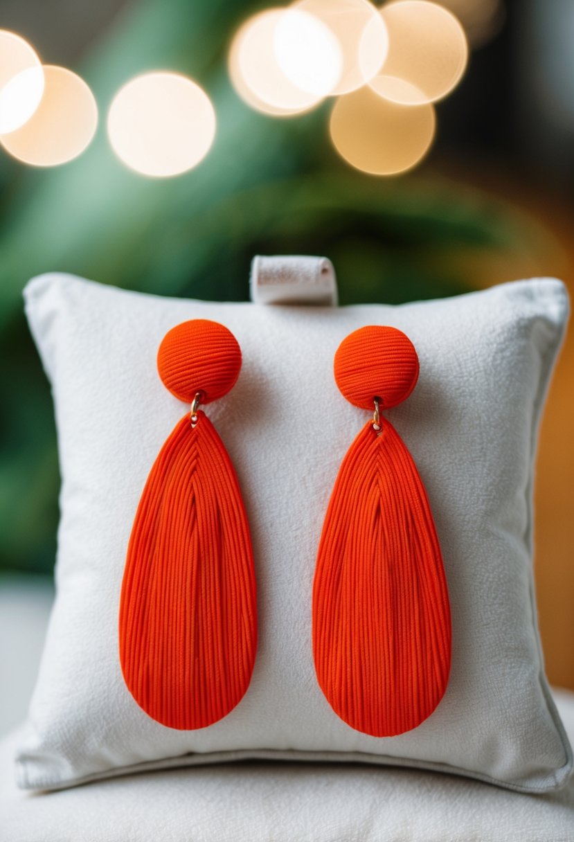 Vibrant orange clip-on earrings displayed on a white velvet cushion