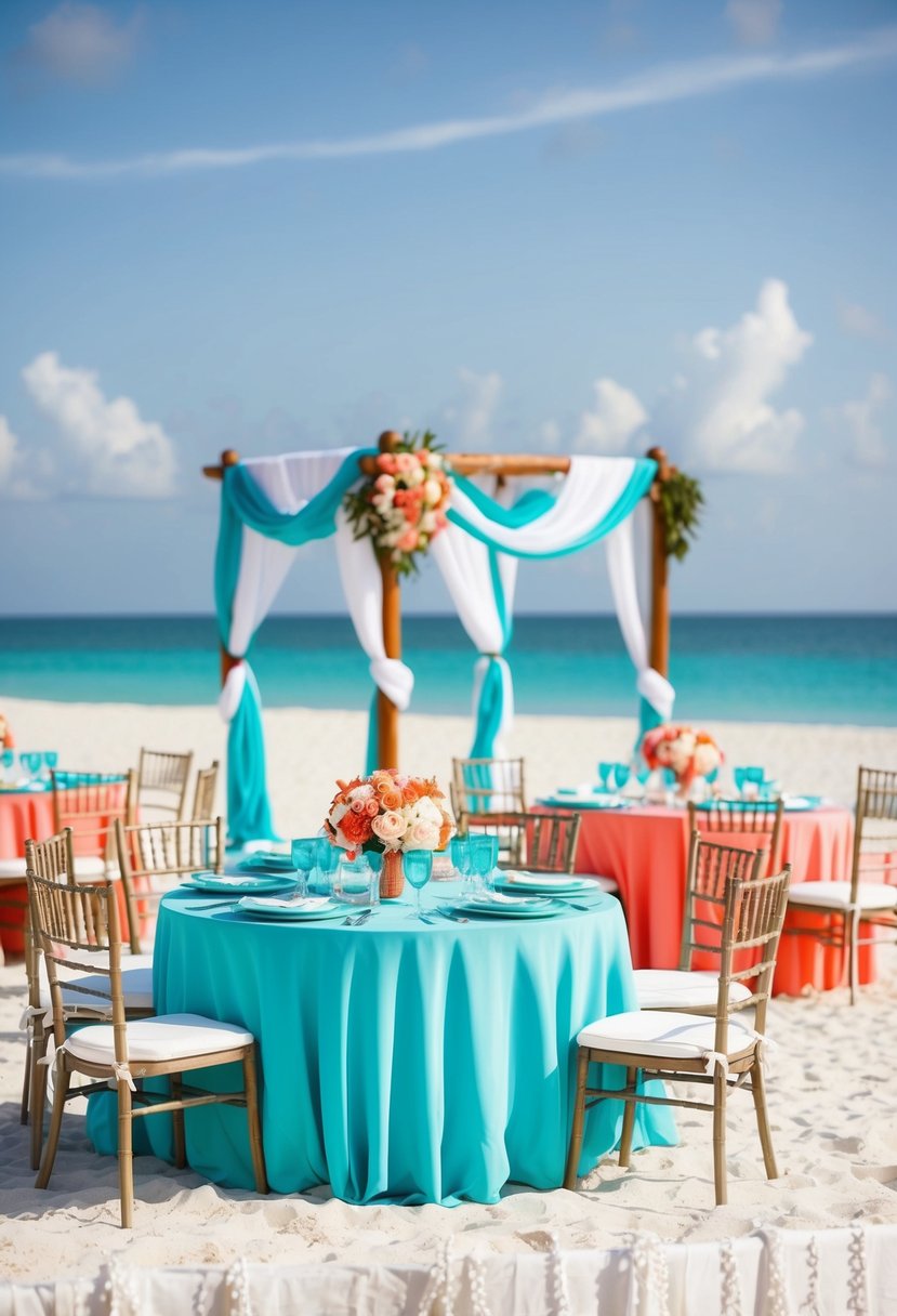 A beachfront wedding with coral and turquoise table settings, floral arrangements, and draped fabric