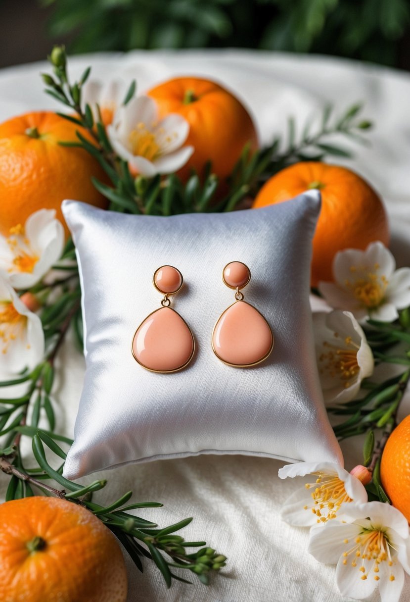 A pair of delicate peach-colored earrings displayed on a white satin pillow, surrounded by fresh orange blossoms and greenery