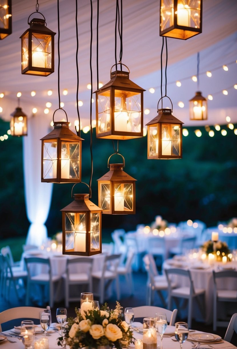 Hanging lanterns adorned with twinkling fairy lights illuminate a romantic summer wedding reception