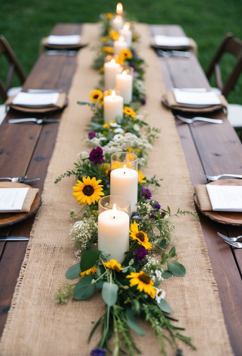 A rustic burlap table runner adorned with wildflowers and candles on a wooden table at an outdoor summer wedding reception