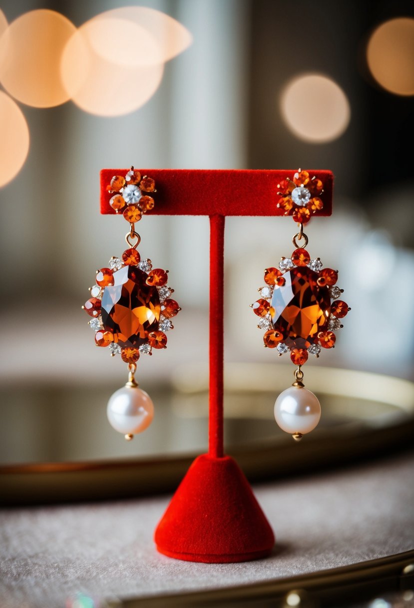 An elegant pair of orange crystal and pearl earrings displayed on a velvet jewelry stand