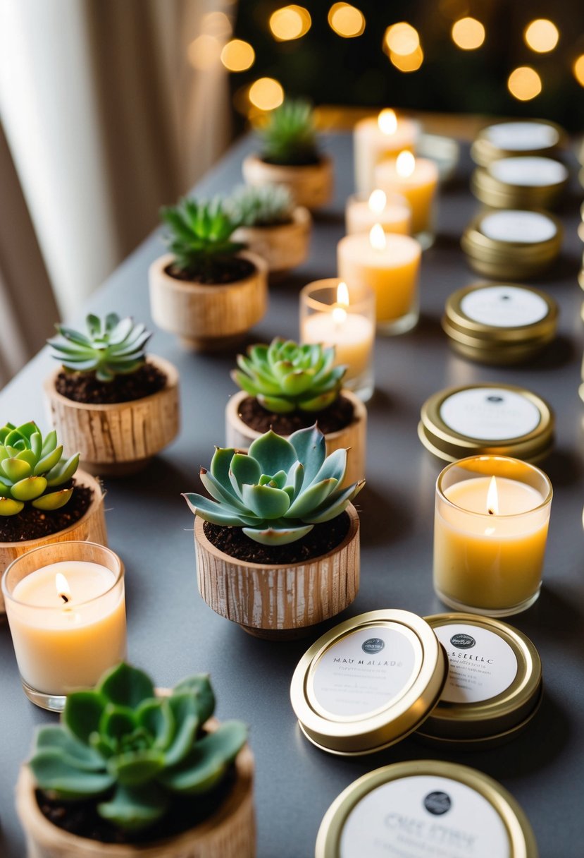 A table filled with various wedding favor ideas, including mini succulents, personalized candles, and handmade soaps