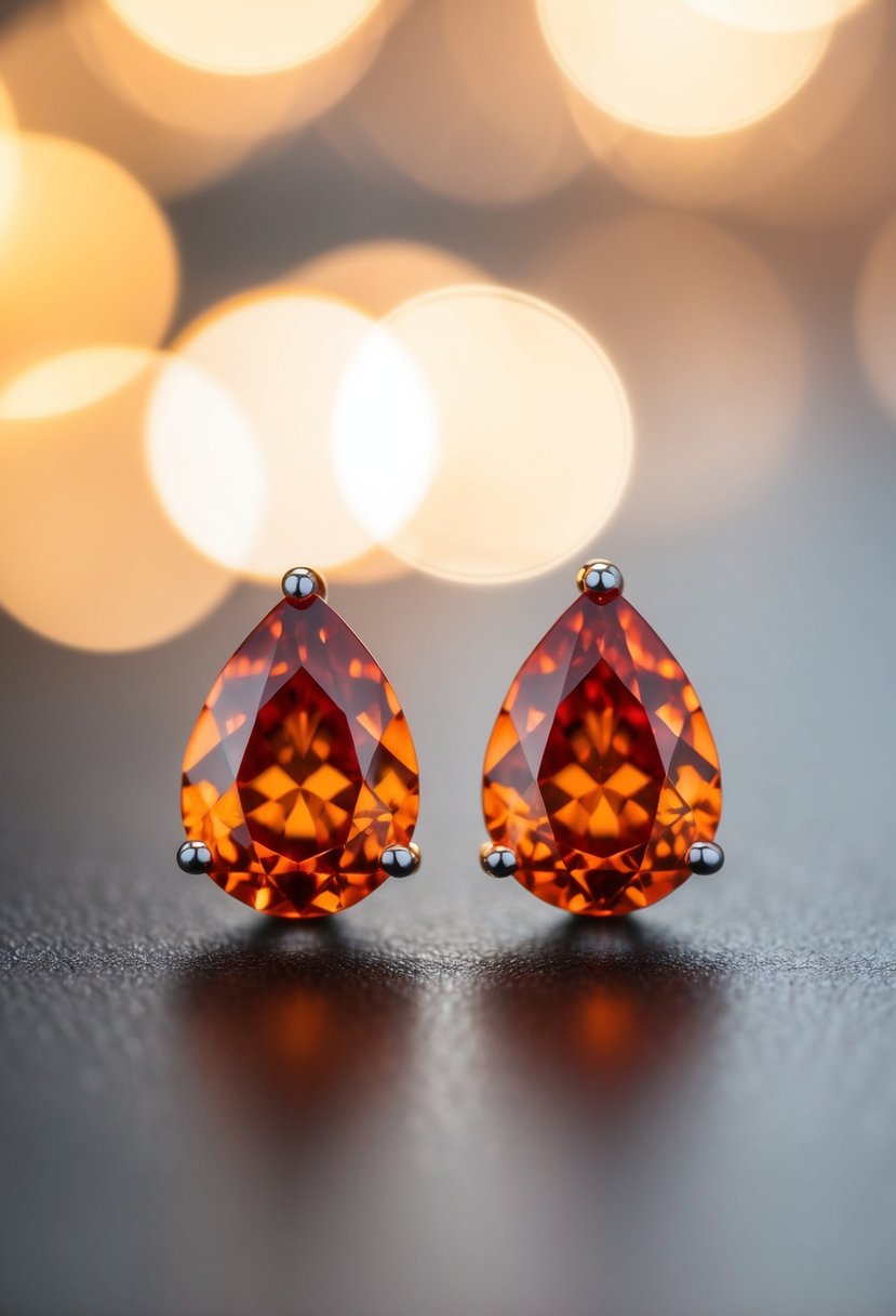 A pair of fiery red-orange studs glistening under soft lighting