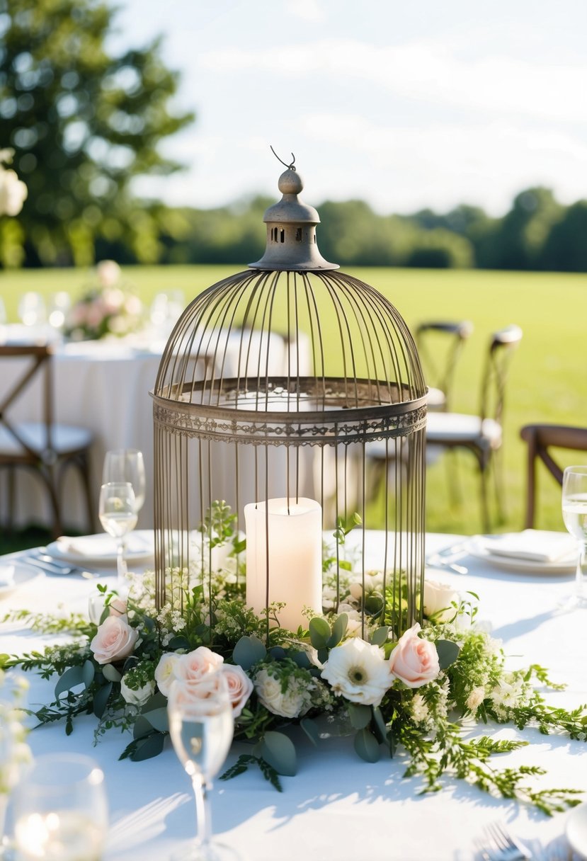 A vintage birdcage adorned with delicate flowers and trailing greenery, serving as a charming centerpiece for a summer wedding celebration