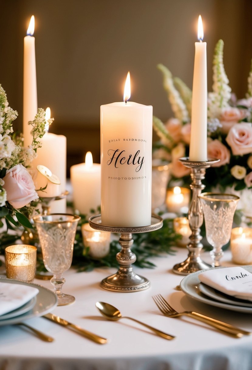 A table adorned with personalized candles in elegant holders, surrounded by delicate floral arrangements and soft candlelight