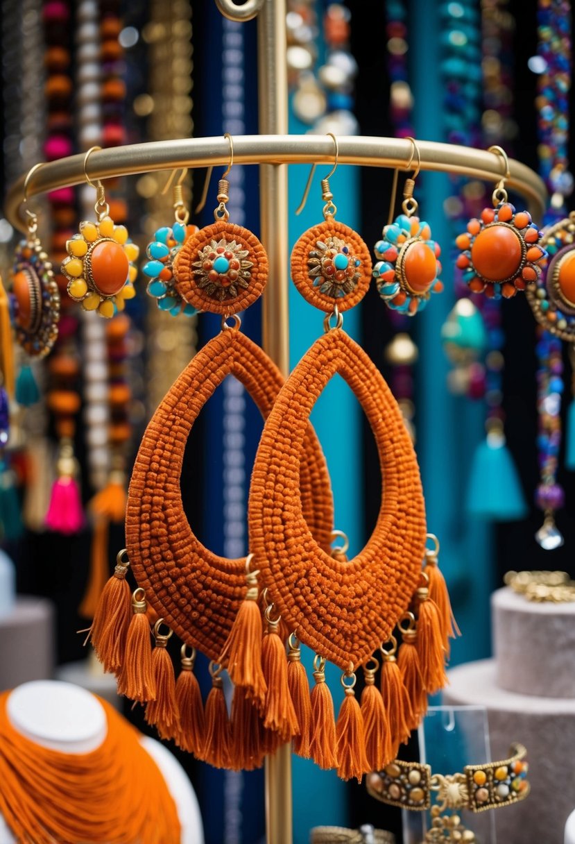 A pair of rust orange bohemian chandelier earrings hanging from a display, surrounded by other colorful jewelry