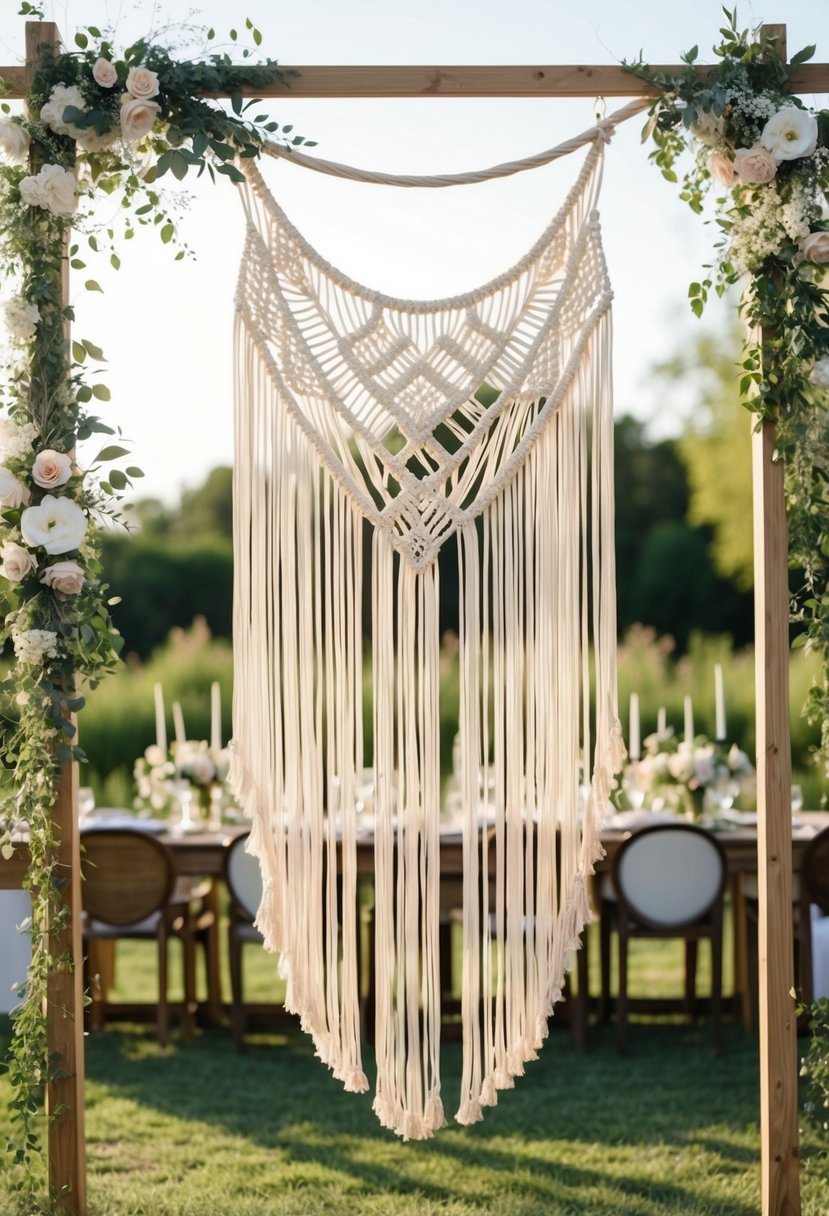 A boho chic macramé backdrop hangs against a sunlit outdoor setting, adorned with delicate greenery and flowers, creating a romantic summer wedding decor