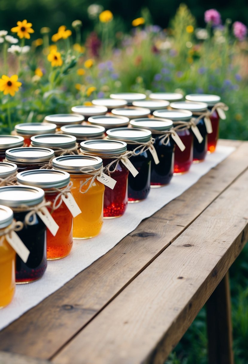 A rustic table with rows of colorful homemade jam jars, tied with twine and adorned with small tags, set against a backdrop of wildflowers and greenery